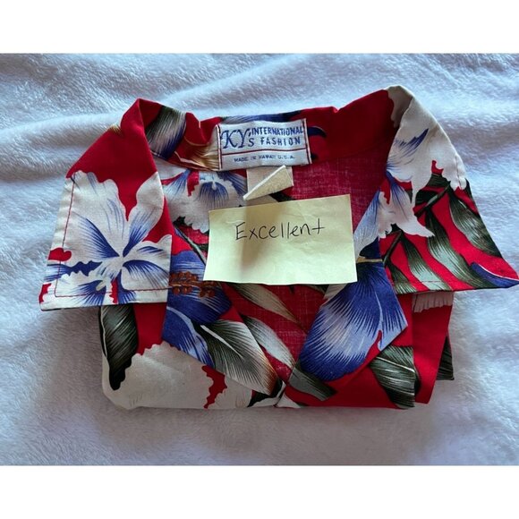 KYs International Men Red Floral Hawaiian Shirt XL Cotton Short Sleeve Button Up - Picture 8 of 8